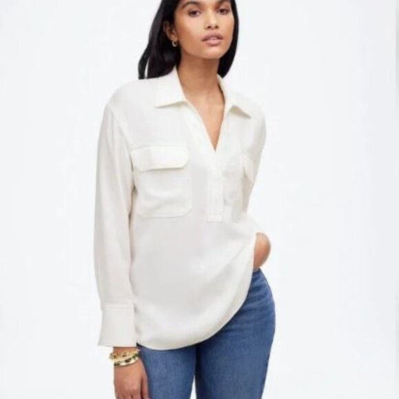 NWT | Madewell Contrast-Stitch Popover Button Up Lightweight Long Sleeves Shirt - Picture 3 of 7